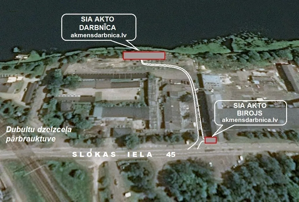 Gaisa foto ar atzīmētu SIA AKTO biroja un darbnīcas atrašanās vietu pie Slokas ielas